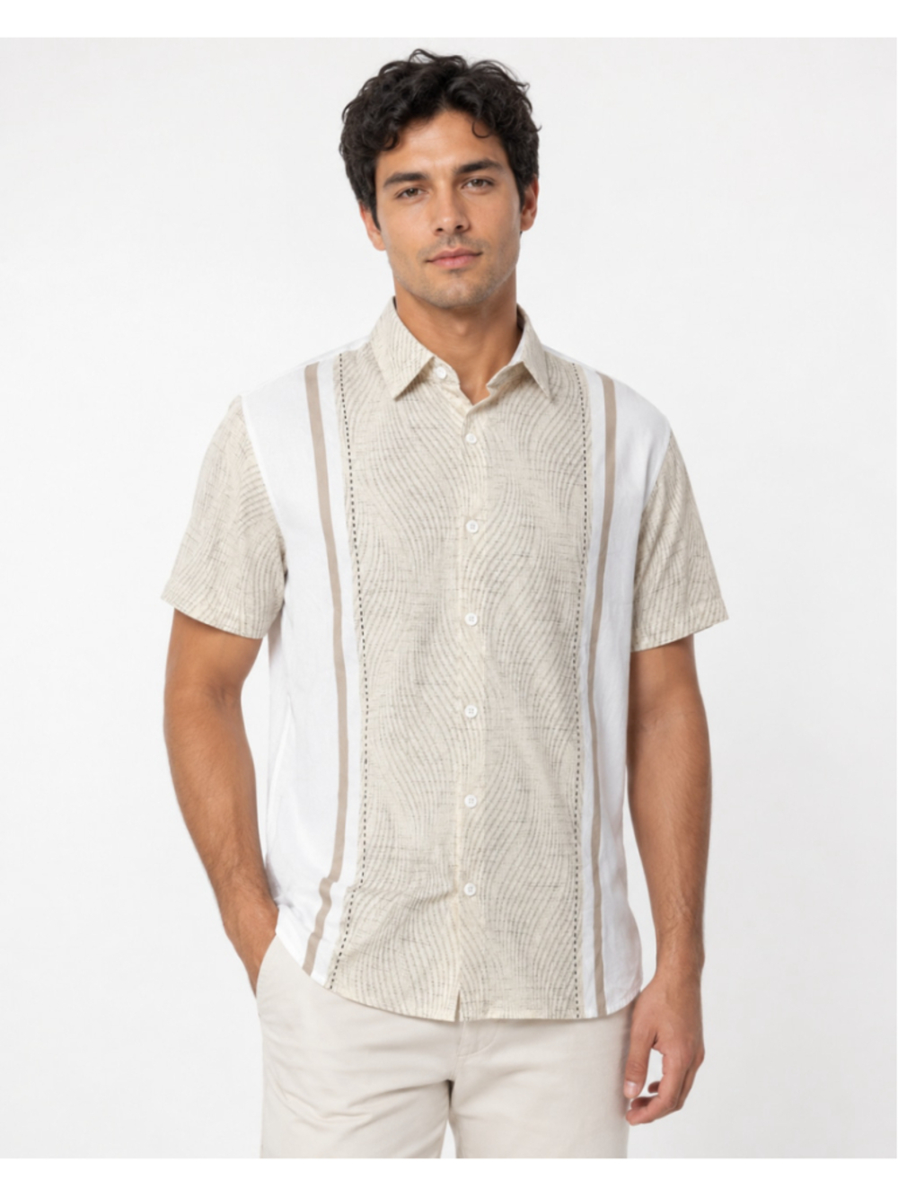 Shein Men's Medium Beige & White Patterned Button Down Short Sleeve Shirt NWT